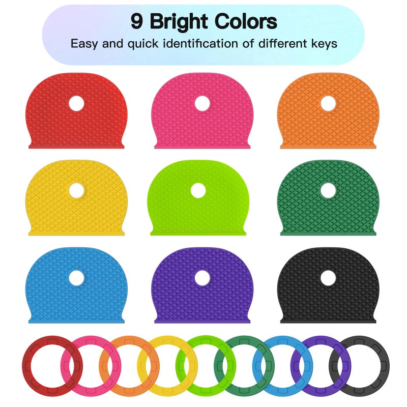 GoorDik 54PCS Key Caps Covers Tags, Plastic Key Color Identifiers for Standard Flat House Keys(Not Suitable for Odd-Shaped Keys), Key Coding Rings in 9 Assorted Colors, 2 Styles - Image 2